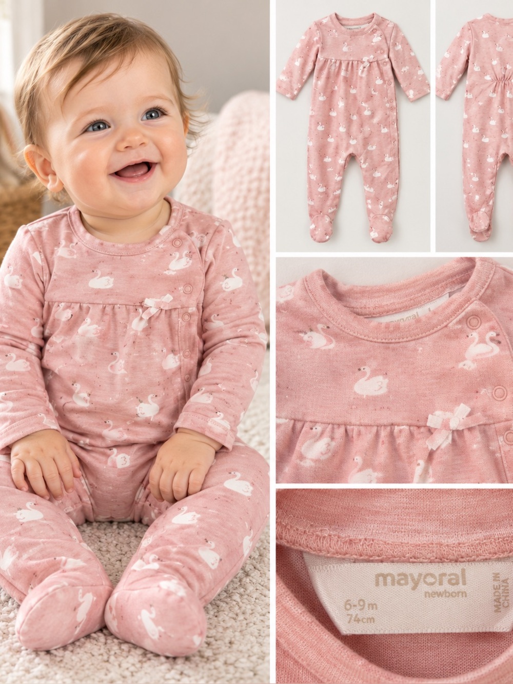 Mayoral Newborn Baby Girl Swan Pajamas Footed Sleeper 6-9M Pink